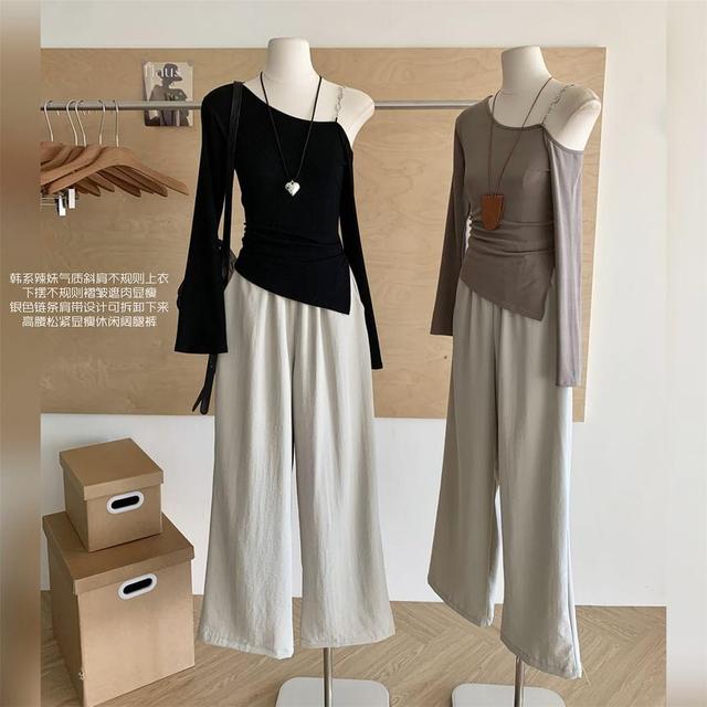 Set: Long-Sleeve Cold Shoulder Plain Ruched Top + Mid Waist Plain Wide Leg Pants Product Image