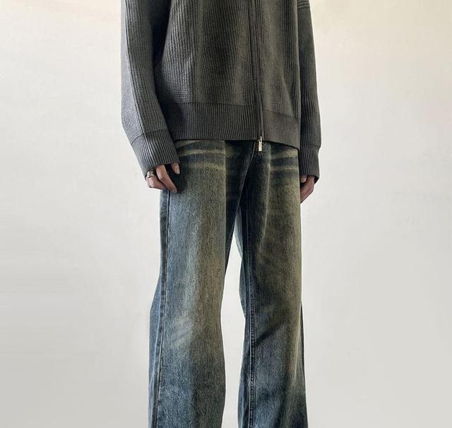 Mid Rise Washed Distressed Straight Leg Jeans Product Image