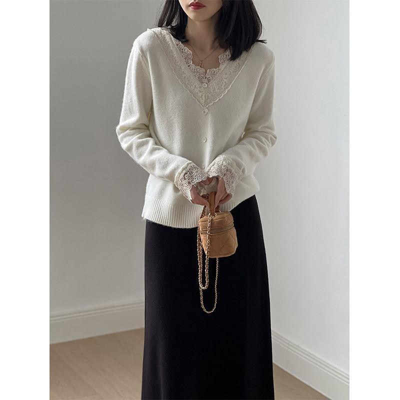 Long-Sleeve V-Neck Lace Panel Button Accent Knit Top Product Image