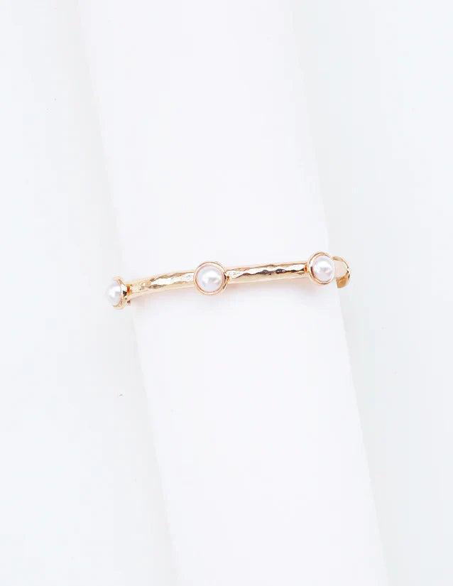 Gold Hammered Stretch Bracelet with Pearl Oval Accents Product Image