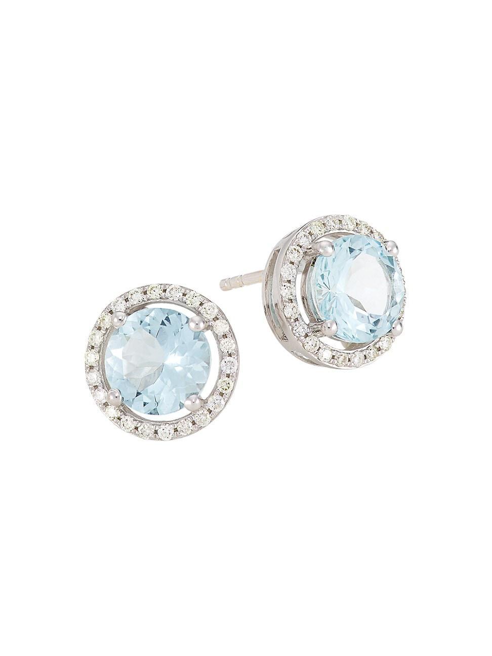 Womens 14K White Gold, Aquamarine, & 0.23 TCW Diamond Halo Stud Earrings Product Image