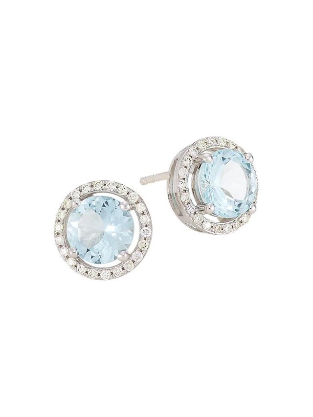 Womens 14K White Gold, Aquamarine, & 0.23 TCW Diamond Halo Stud Earrings Product Image