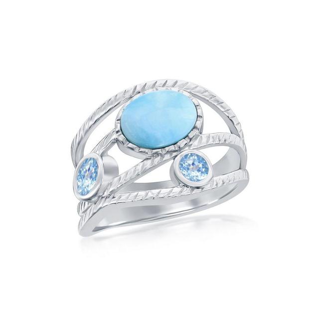 Sterling Silver Oval Larimar With Cubic Zirconia Triple Band Ring, Womens Product Image