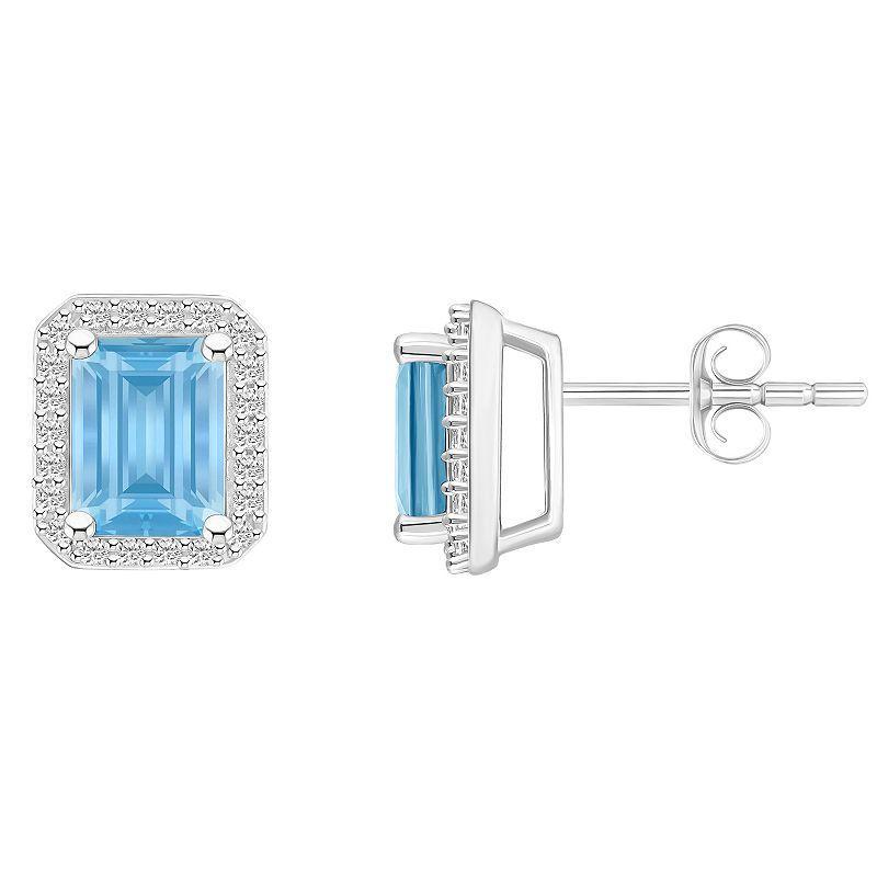 Celebration Gems 10k White Gold Emerald Cut Gemstone & Lab-Created White Sapphire Halo Stud Earrings, Womens, Simulated Aquamarine Product Image