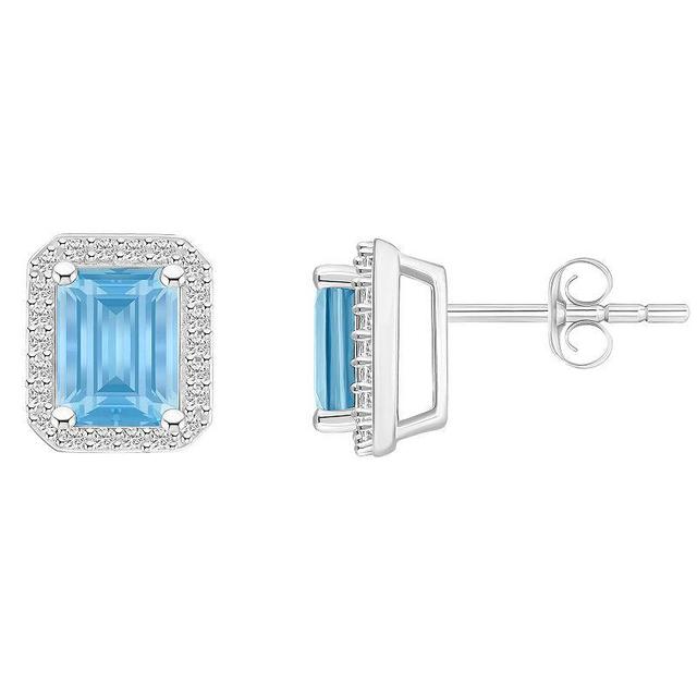 Celebration Gems 10k White Gold Emerald Cut Gemstone & Lab-Created White Sapphire Halo Stud Earrings, Womens, Blue Product Image