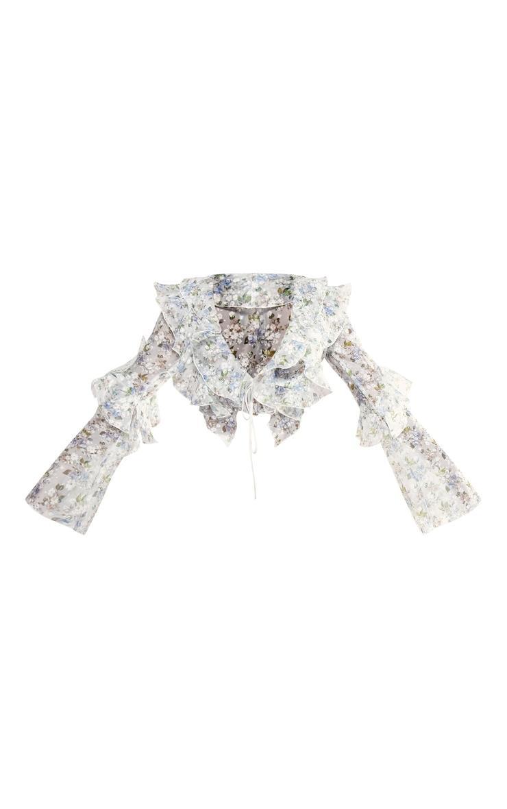 Blue Floral Sheer Woven Ruffle Tie Crop Blouse Product Image