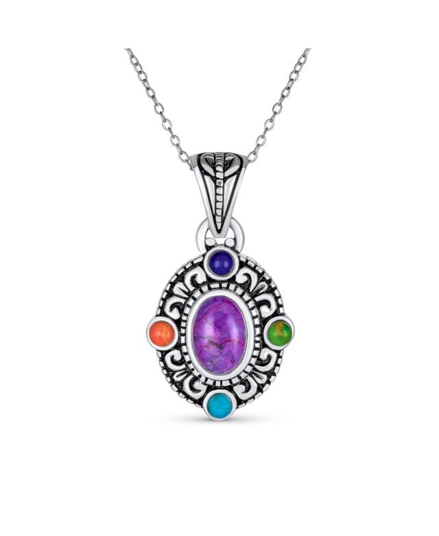 Bling Jewelry Southwest Style Oval Cabochon Multicolor Purple Turquoise Medallion Pendant Necklace For Women Oxidized Sterling Silver Product Image