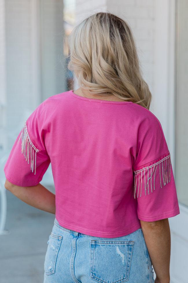 Hold On Loosely Pink Rhinestone Shoulder Detail T-Shirt Product Image