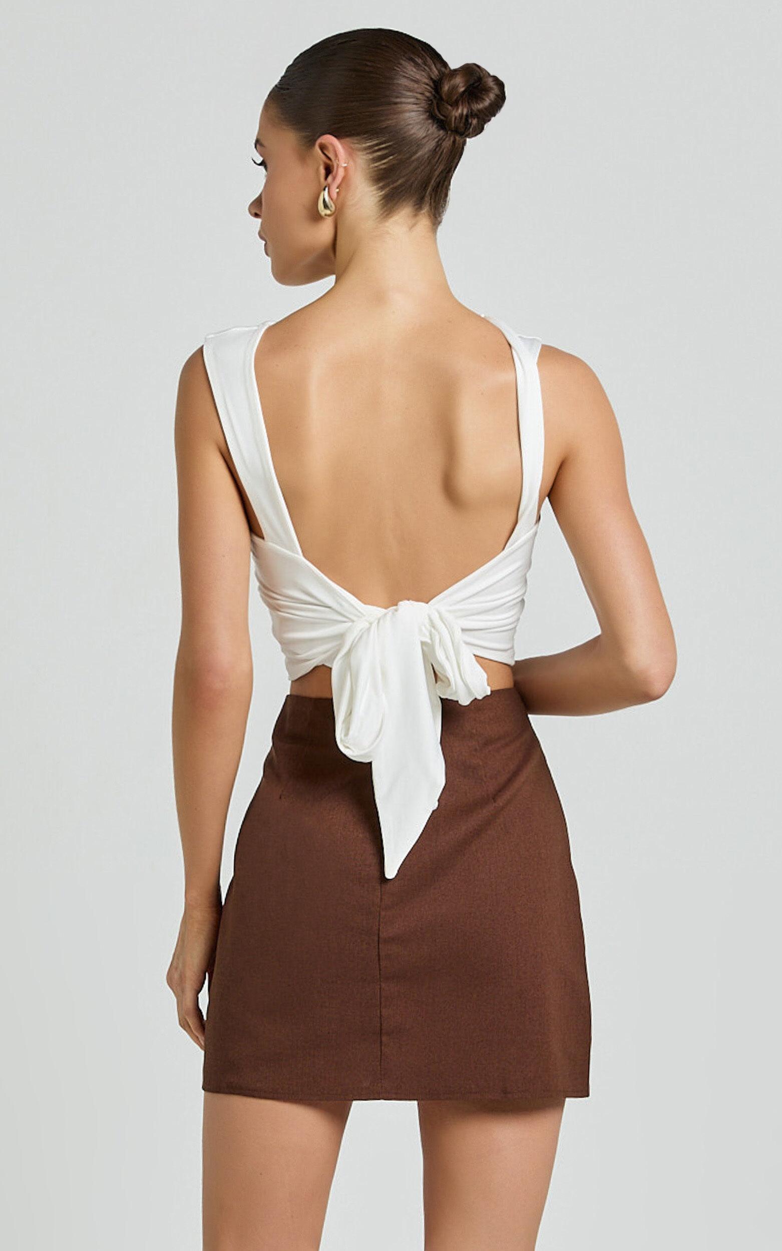 Mindy Mini Skirt - Linen Look A Line Side Split Skirt in Brown Product Image