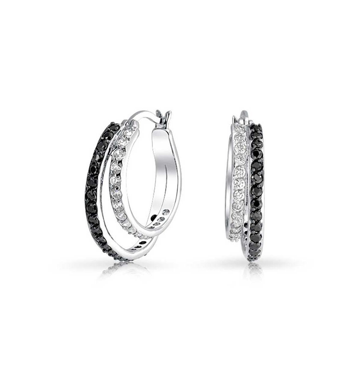 Black White Circle Cubic Zirconia Pave Cz Prom Double Hoop Earrings For Women 1.5 Inch Diameter Product Image