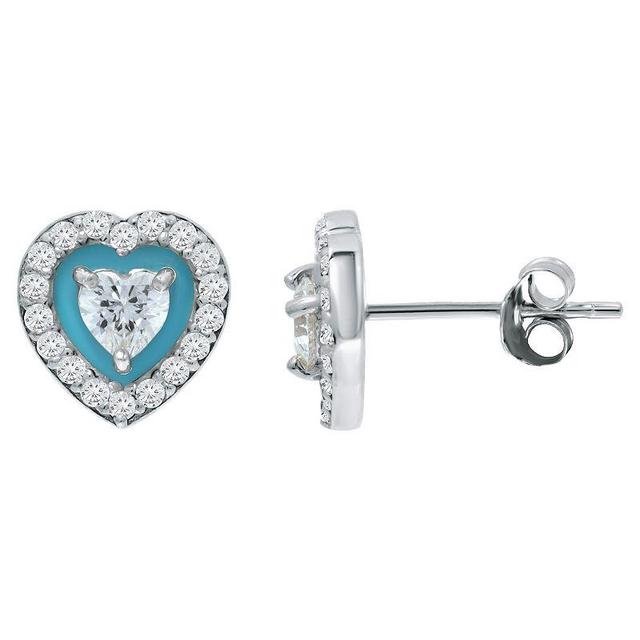 Aleure Precioso Sterling Silver Enamel & Cubic Zirconia Heart Shaped Halo Stud Earrings, Womens, Blue Product Image