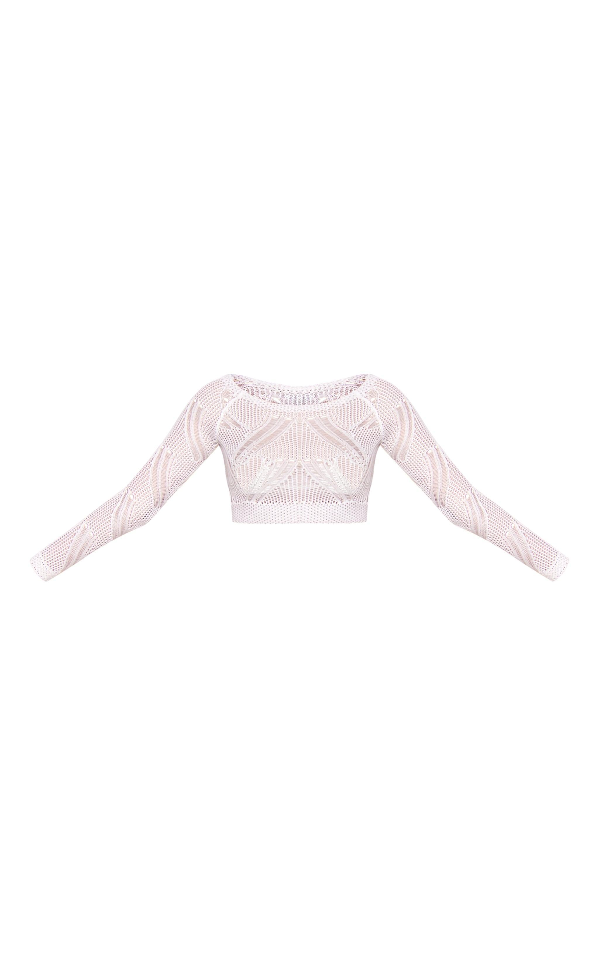 White Distressed Textured Knit Long Sleeve Crop Top Product Image