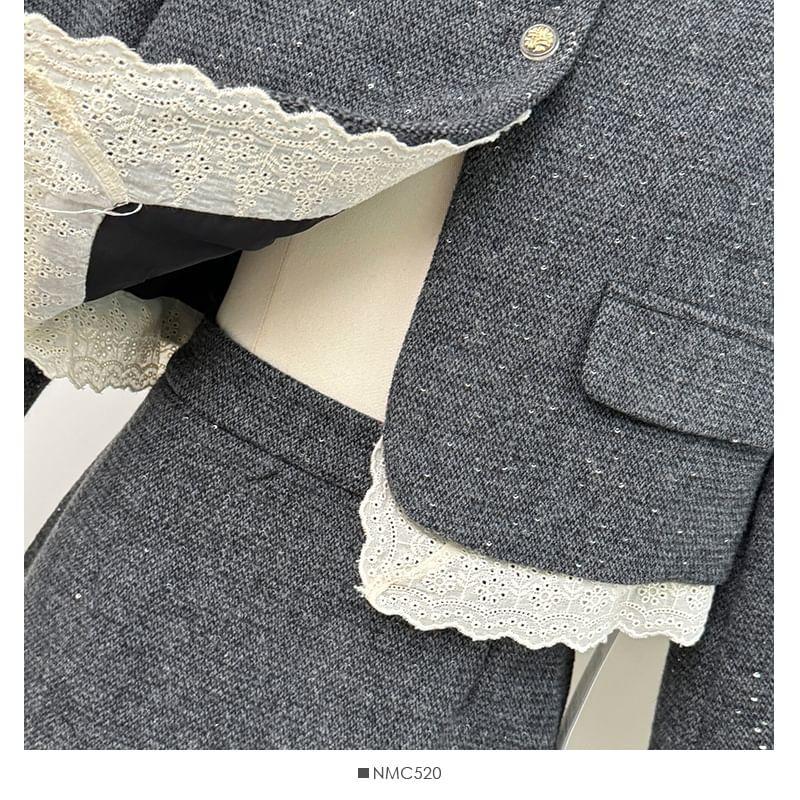 Set: Lace-Hem Tweed Blazer + Slited Midi Skirt Product Image