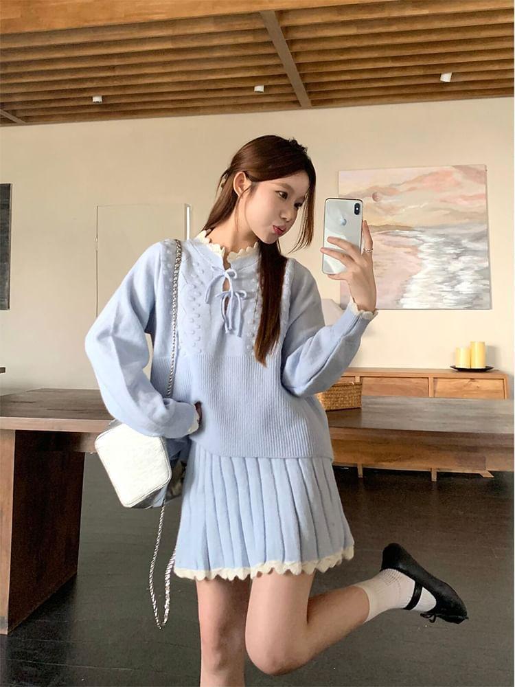 Set: Long-Sleeve Scallop Edge Frog Buttoned Sweater + High Waist Mini A-Line Skirt Product Image