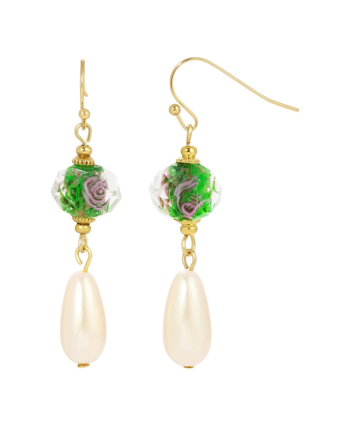 1928 Gold Tone Olivine Flower And Simulated Pearl Drop Earrings, Womens, Green Product Image