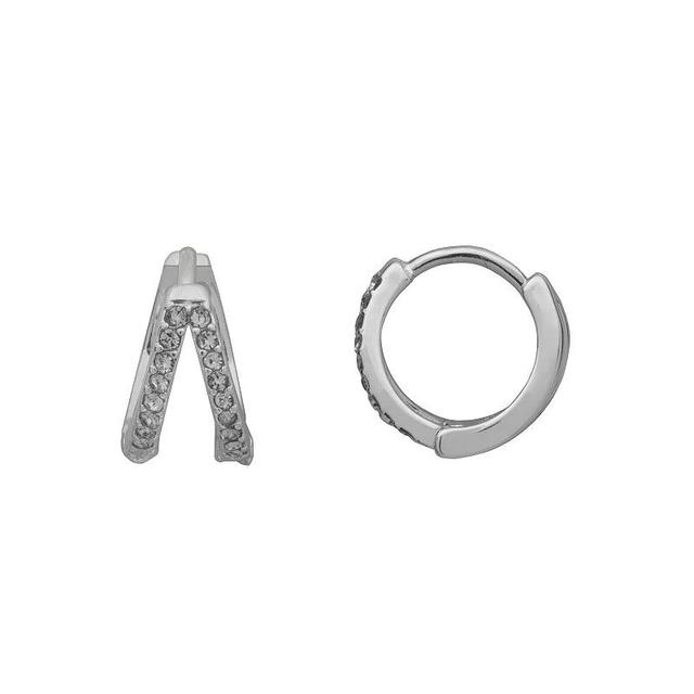 Emberly Silver Tone 2 Row Pave Small Hoop Earrings, Womens, Clear Product Image