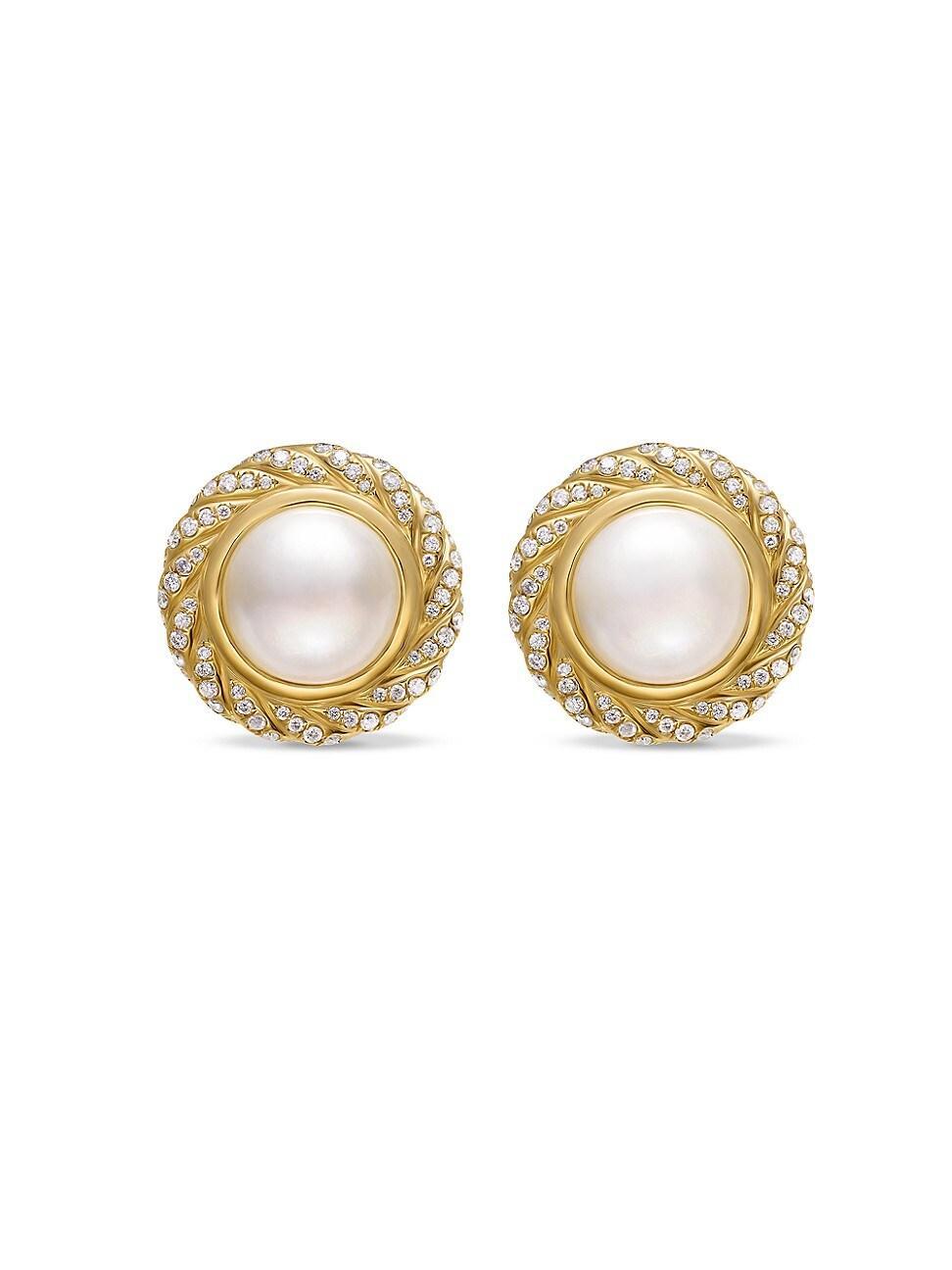 Womens Pearl Classics Cable Halo Button Earrings in 18K Yellow Gold with Diamonds, 18.8mm Product Image