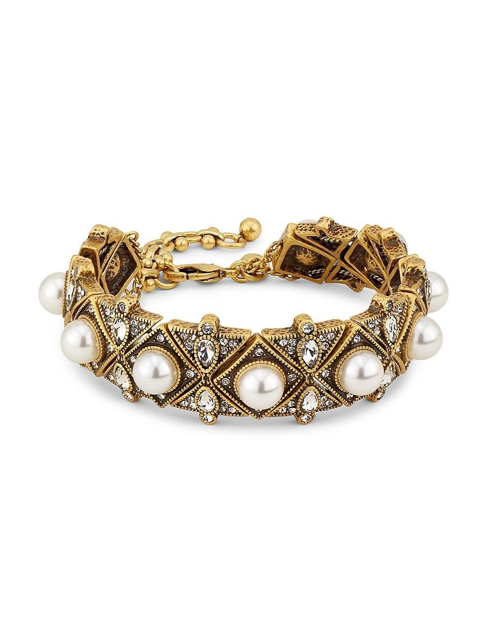 Womens Antique Goldtone, Rhinestone, Faux Emerald & Imitation Pearl Bracelet Product Image