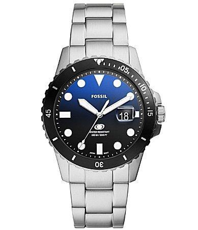 Fossil Mens Blue Dive Three-Hand Date Silver-Tone Stainless Steel Watch 42mm - Silver-Tone Product Image