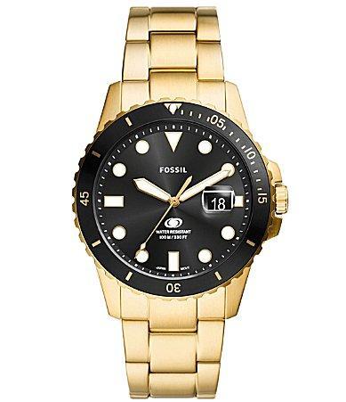 Fossil Mens Blue Dive Three-Hand Date Gold-Tone Stainless Steel Watch 42mm - Gold-Tone Product Image