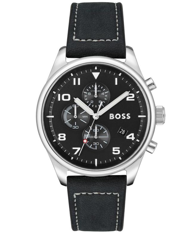 Hugo Boss Mens View Black Genuine Leather Strap Watch, 44mm - Black Product Image