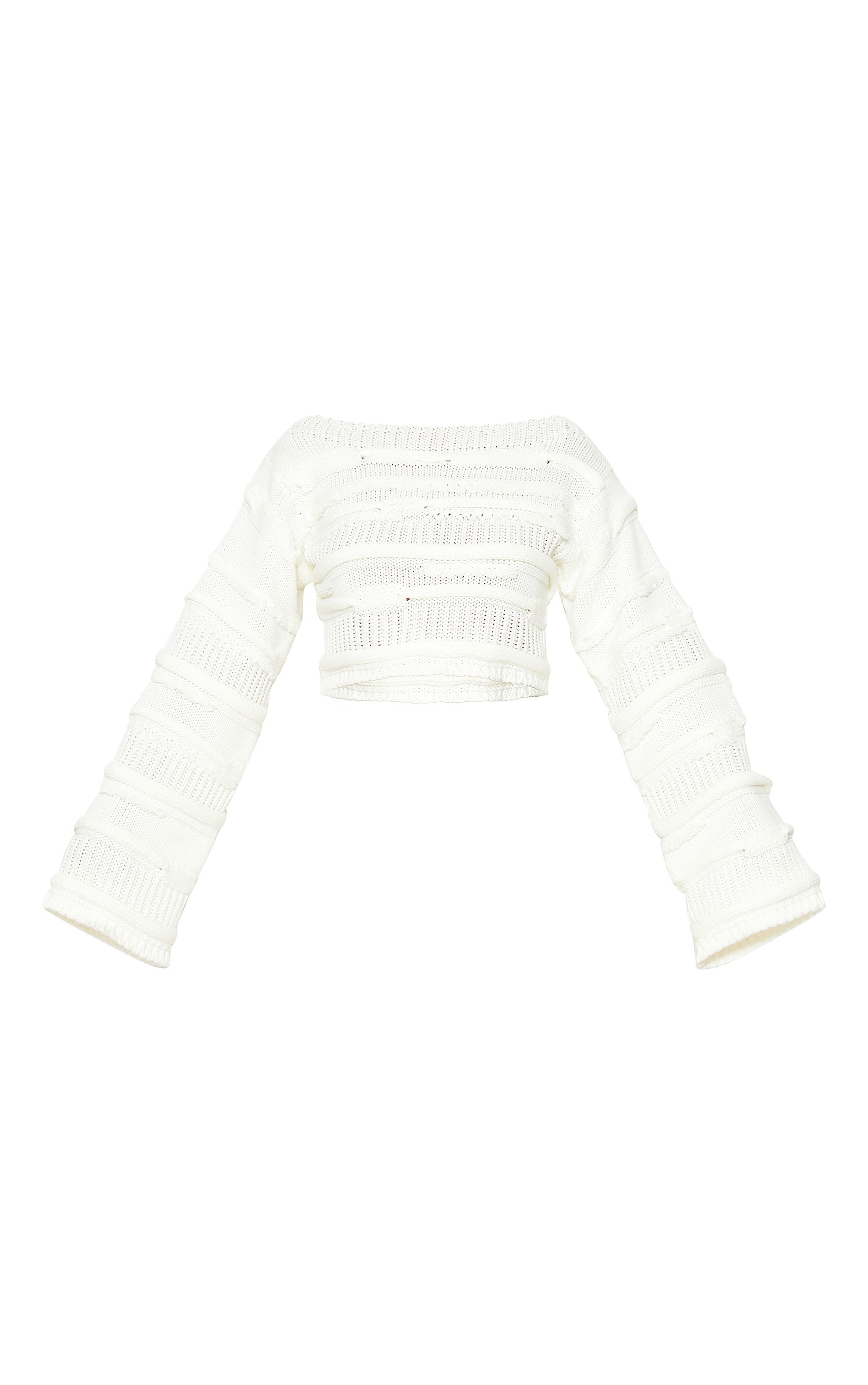 Cream Chunky Raised Contrast Knit Cropped Wide Neck Sweater Product Image