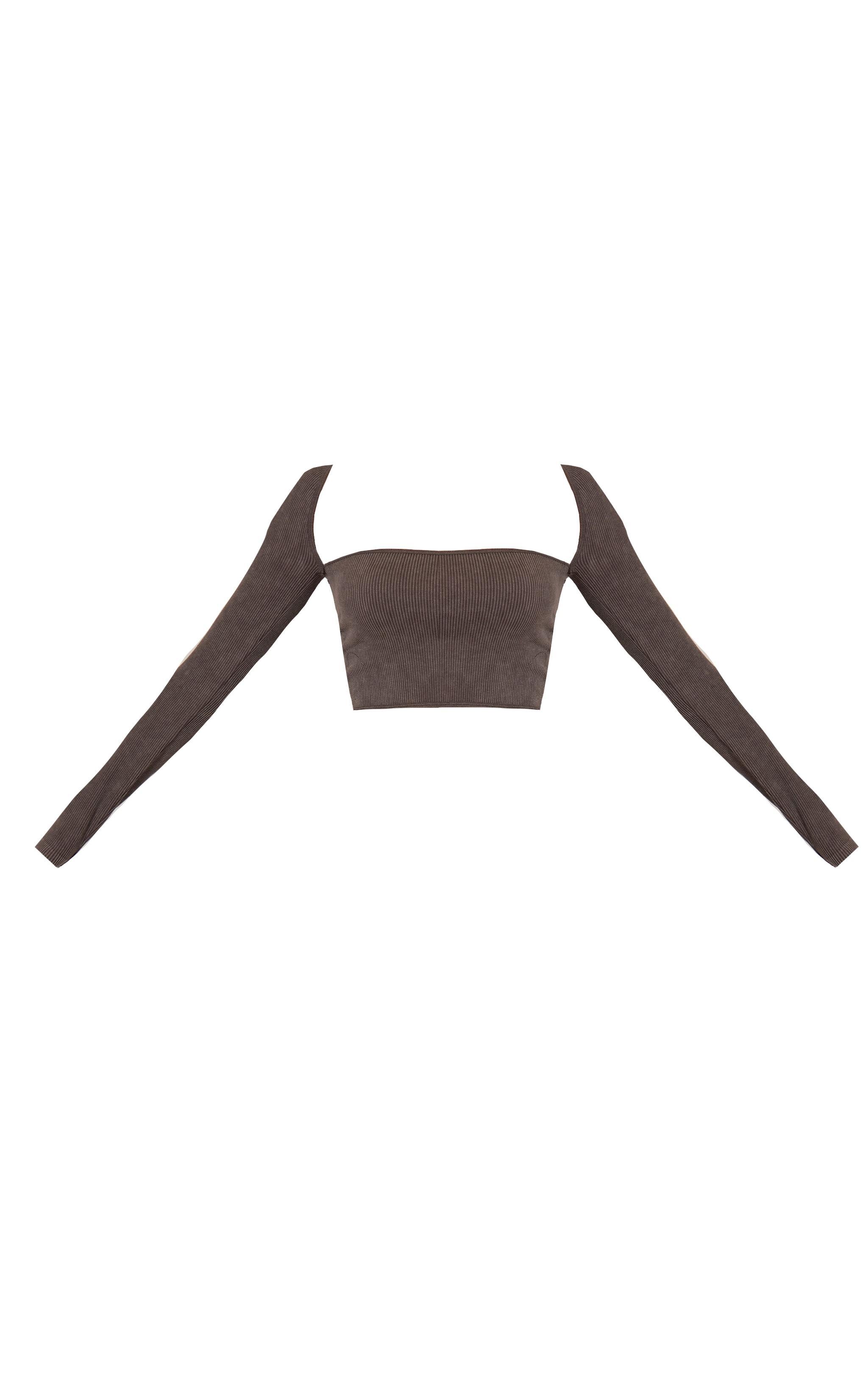 Chocolate Faded Snatched Rib Sleeve Detail Crop Top Product Image