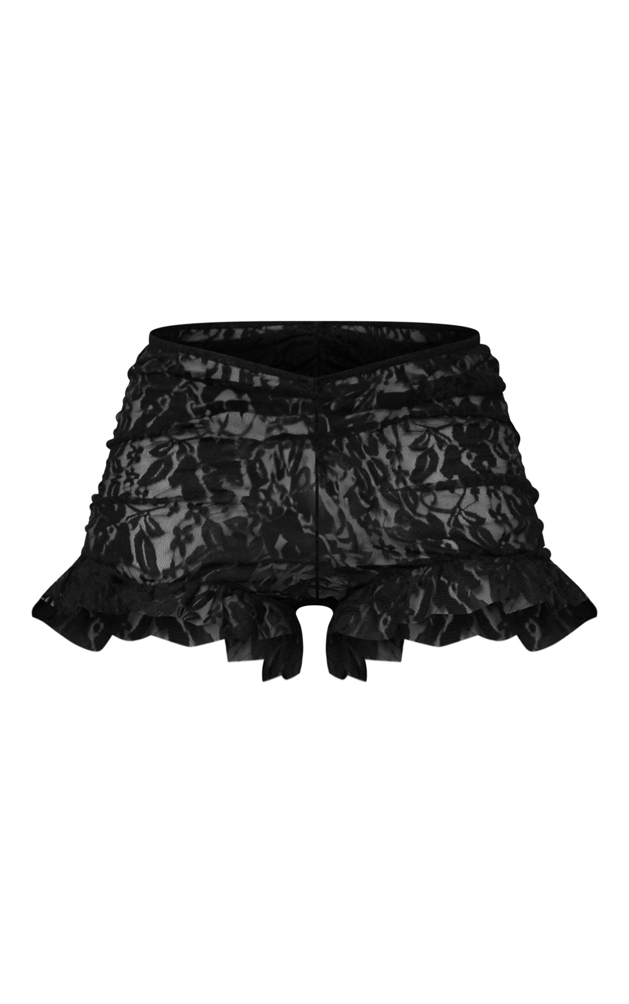 Black Lace Ruched Front Hot Pants Product Image