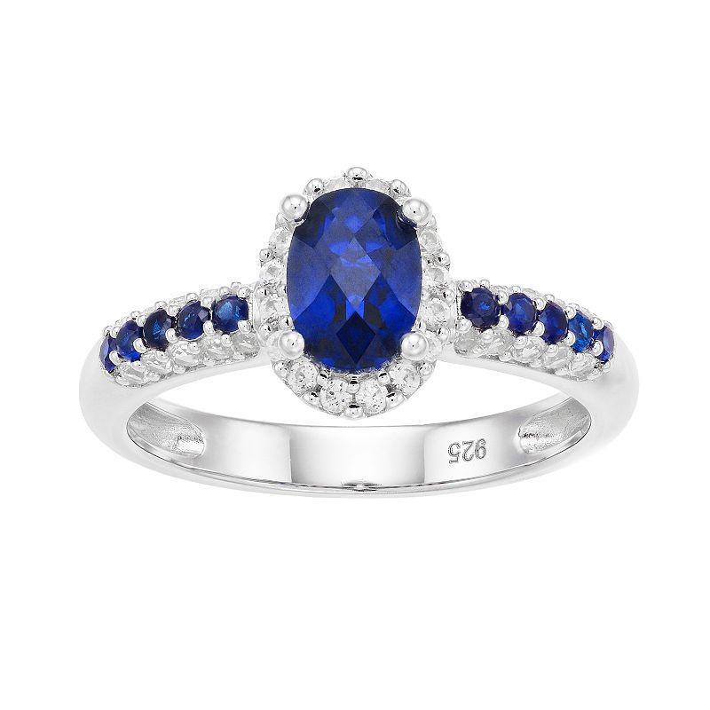 Sterling Silver Lab-Created Blue & White Oval Halo Ring, Womens Product Image