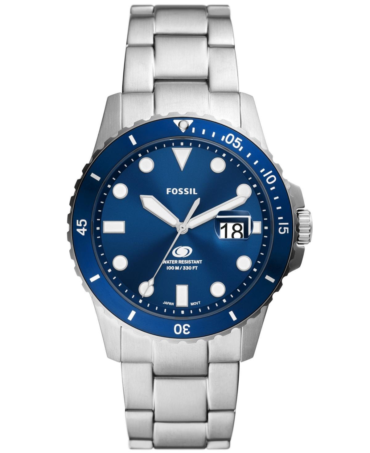 Fossil Mens Blue Dive Three-Hand Date Silver-Tone Stainless Steel Watch 42mm - Silver-Tone Product Image