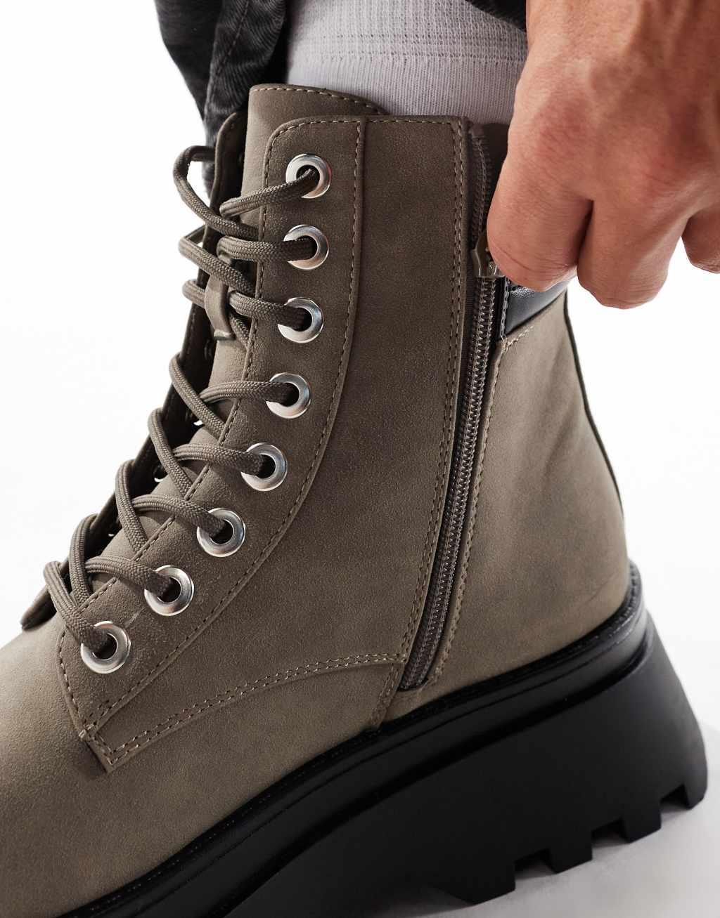 ASOS DESIGN lace up worker boots in gray with chunky sole Product Image