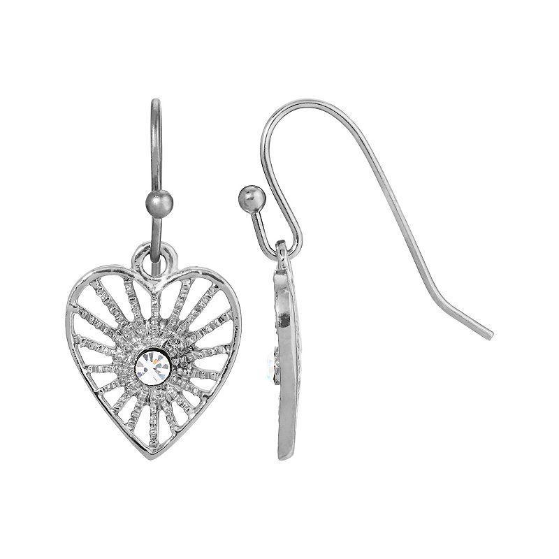 1928 Silver Tone Crystal Heart Drop Earrings, One Size , White Product Image