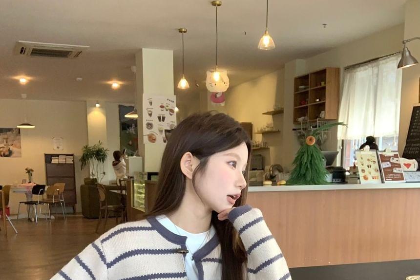 Crew Neck Striped Toggle Cropped Cardigan Product Image