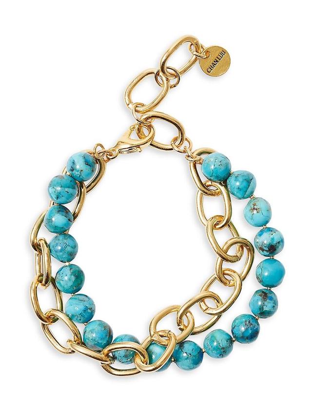 Womens 18K-Gold-Plated & Turquoise Two-Strand Chain Bracelet Product Image