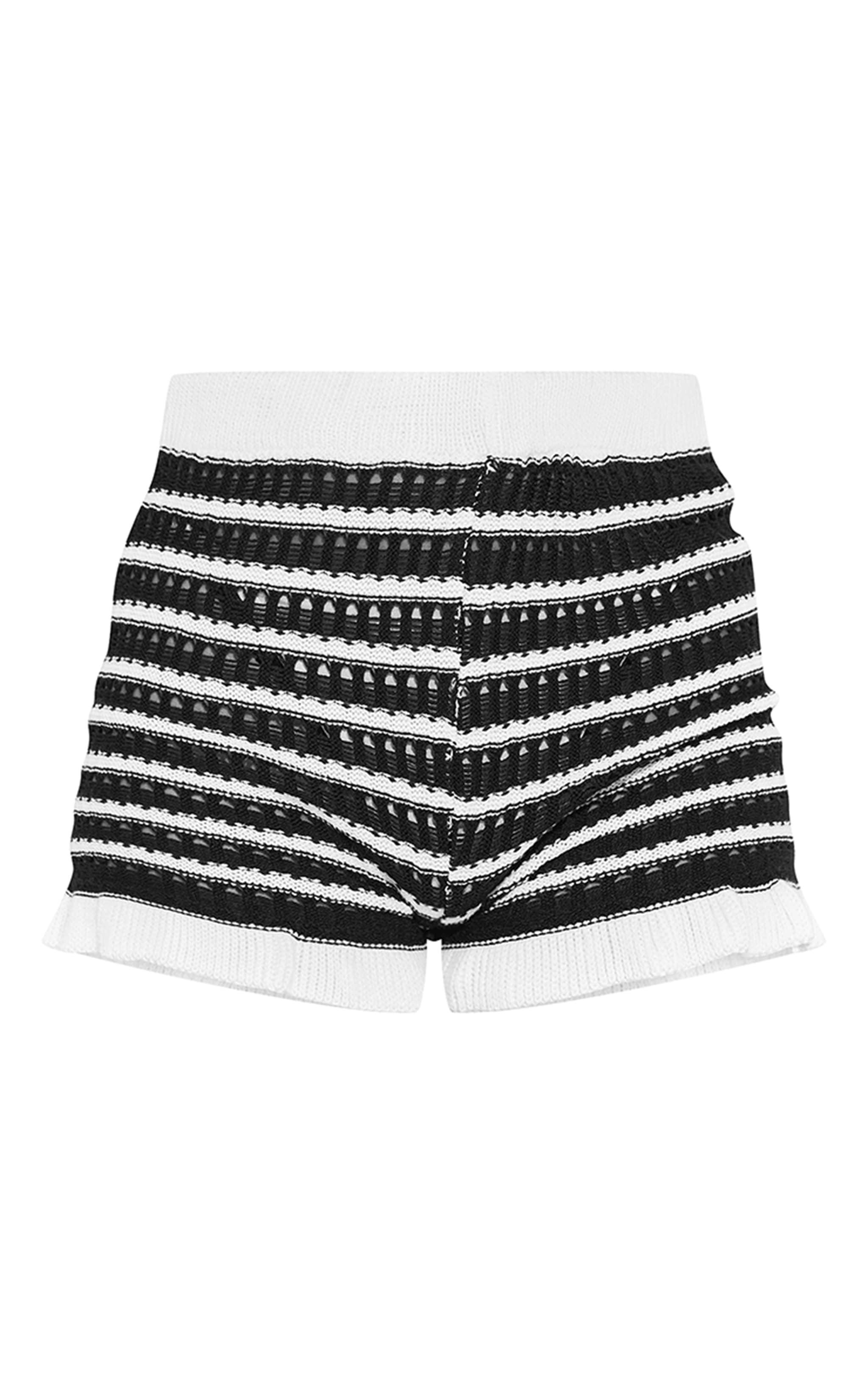 White Crochet Stripe Knit Frill Hem Hot Pants Product Image