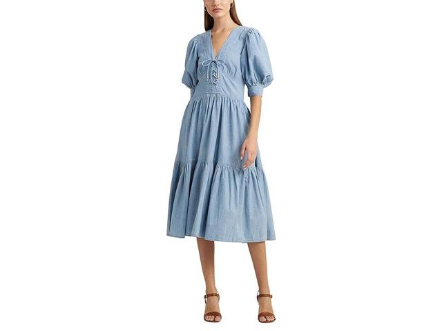 LAUREN Ralph Lauren Chambray Puff-Sleeve Dress (Medium Chambray Wash) Women's Dress Product Image