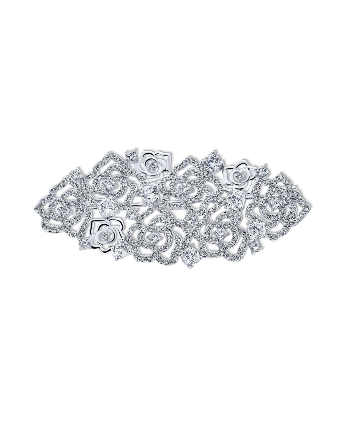 Bling Jewelry Feminine Pave Crystal Fashion Gatsby Art Deco Style Cluster of Floral Roses Scarf Brooch Pin For Women Silver Plated Brass Product Image