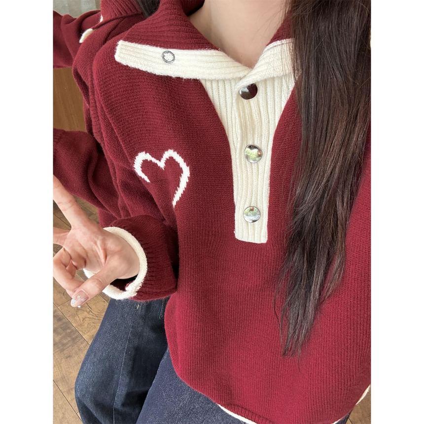 Collar Henley Two Tone Heart Print Sweater Product Image