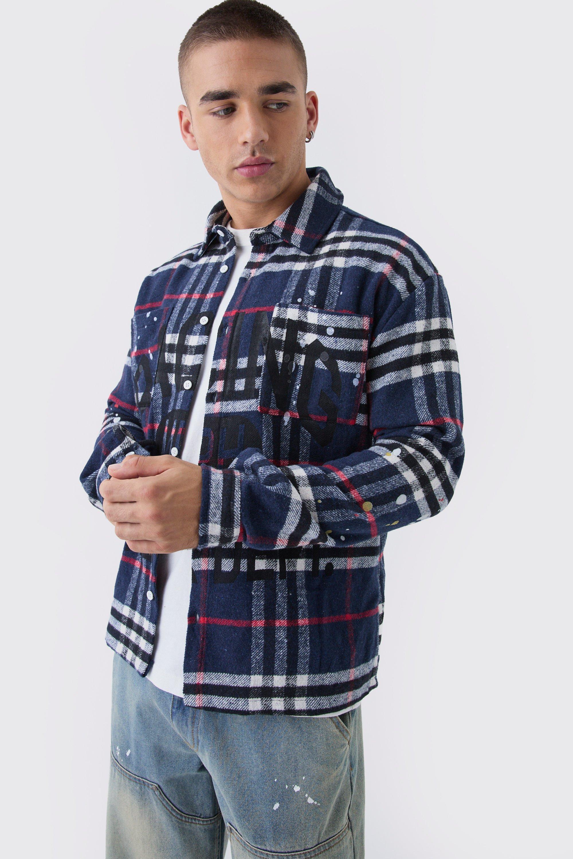 Mens Navy Oversized Paint Splatter Check Shirt, Navy Product Image