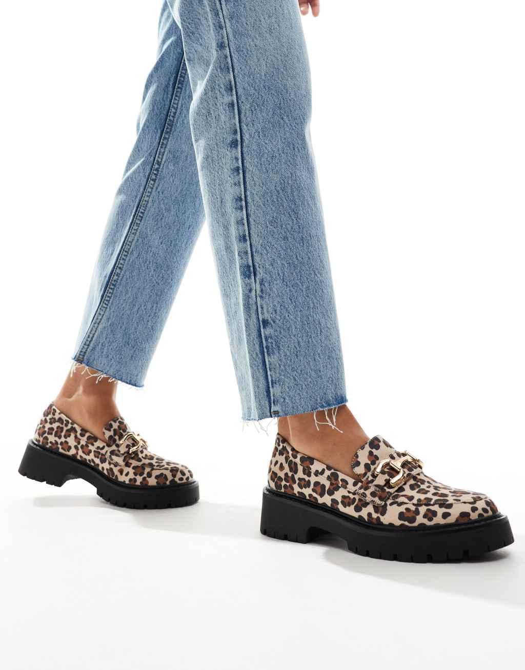 London Rebel Perdy wide fit metal trim chunky loafers in leopard Product Image