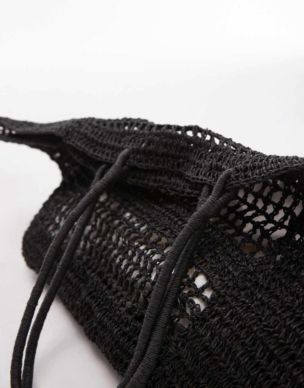 Topshop Timi woven straw tote bag in black Product Image