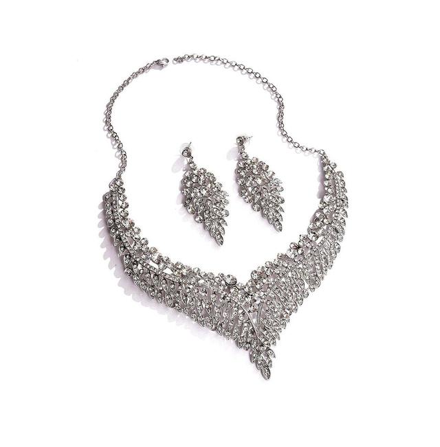 Sohi Womens Silver Leaf Bling Cluster Necklace And Earrings (Set Of 2) Product Image