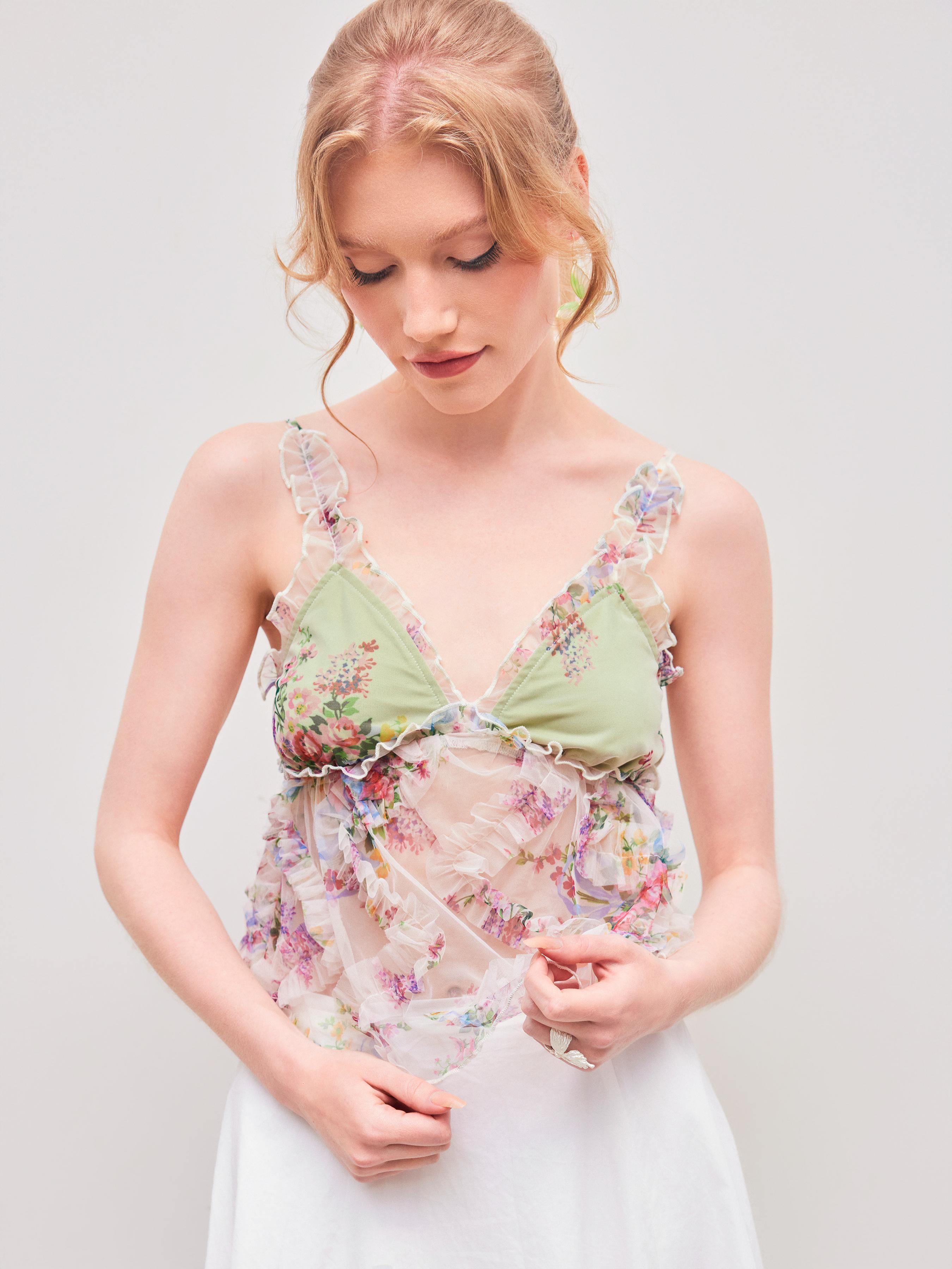 Mesh Sweetheart Floral Lettuce Trim Cami Top Product Image