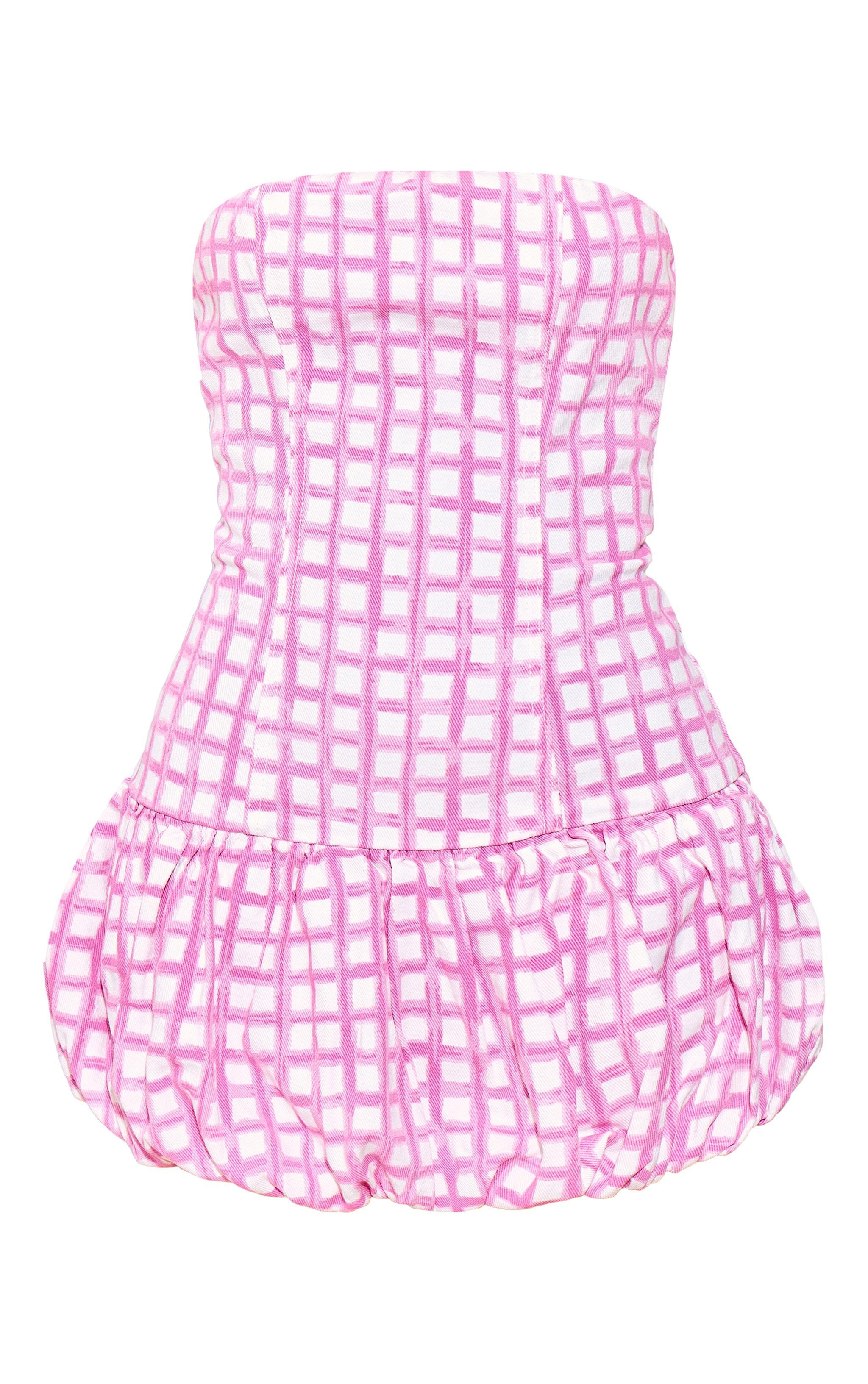 Pink Gingham Denim Bandeau Puffball Mini Dress Product Image