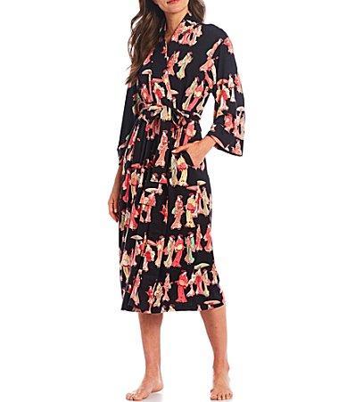 Natori Geisha Printed Cozy Knit Long Sleeve Tie Waist Mid Wrap Robe Product Image