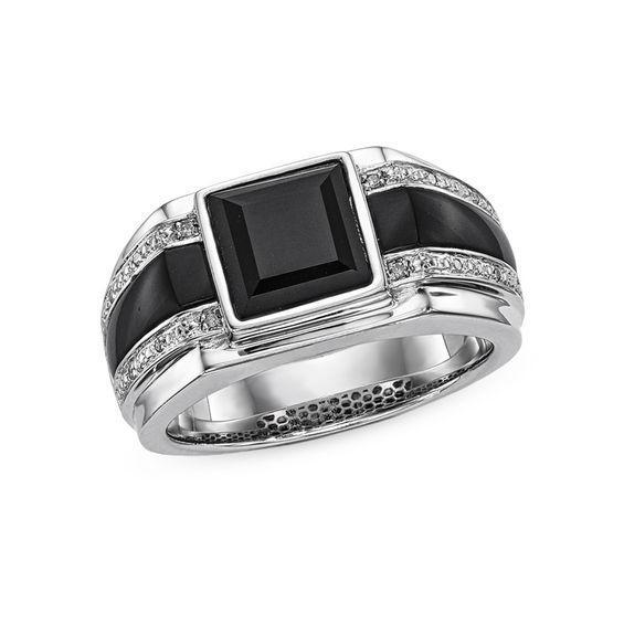 Men's 8.0mm Square-Cut Onyx and Diamond Accent Band in Sterling Silver Product Image