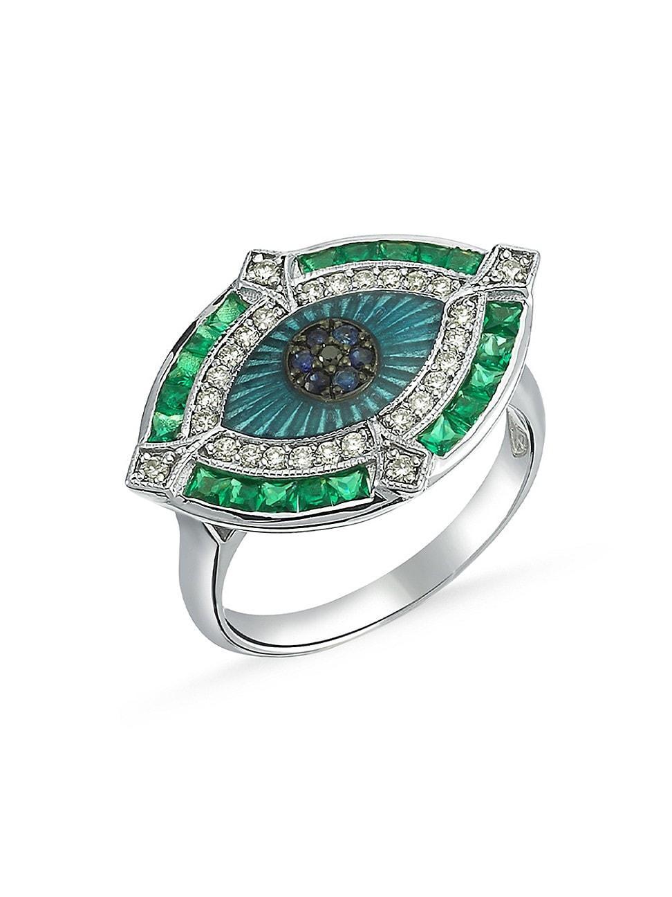 Womens Guardian 14K White Gold, Diamond, Tsavorite & Blue Sapphire Ring Product Image