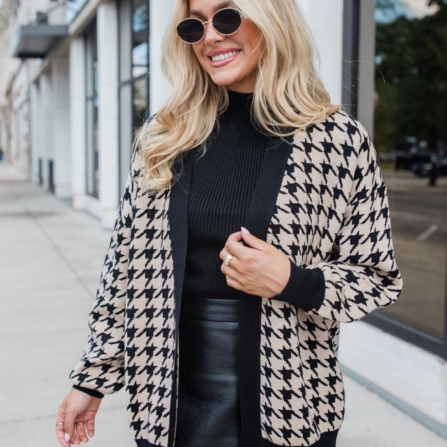 Trying Your Best Tan Houndstooth Cardigan Product Image