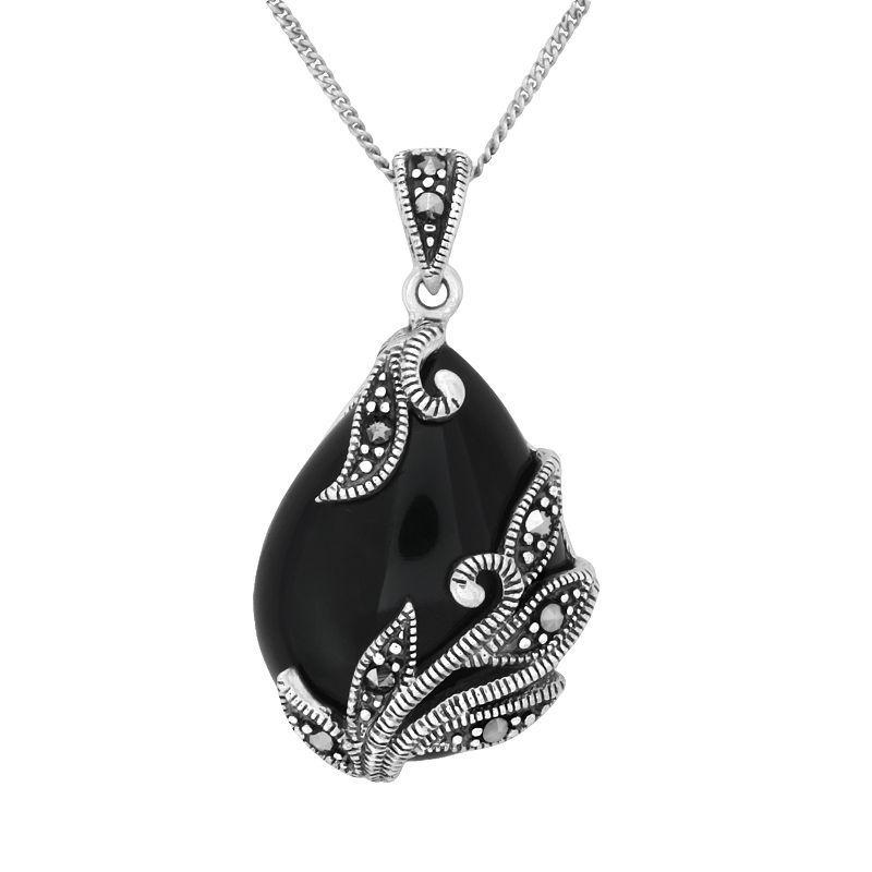 Tori Hill Sterling Silver Marcasite & Onyx Teardrop Pendant Necklace, Womens Black Product Image