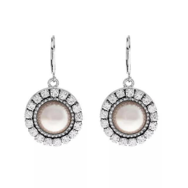 1928 Silver Tone Round Crystal White Simulated Pearl Drop Earrings, Womens Product Image